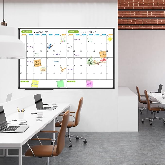 JILoffice Magnetic Dry Erase Calendar Whiteboard, 2 Month White Board Planner 48 X 31 Inch, Black Aluminum Frame Wall Mounted Board for Office Home and School