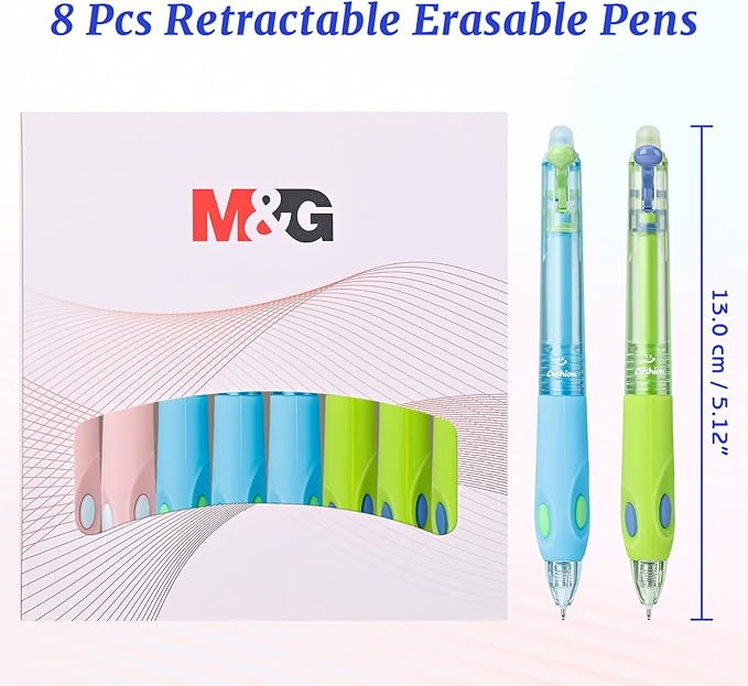 M&G Cute 8 Pcs Erasable Pens, 0.5mm Fine Point Retractable Erasable Gel Blue Ink Pen, Smooth Writing Comfortable Grip Gel Pens with Erasers for Journaling Note-Taking Crossword Puzzles Supplies
