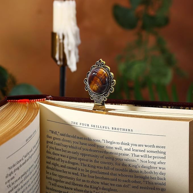 1Pcs Vintage Tiger Eye Bookmark with Natural Crystal Stone - Unique Brass Metal Bookmarks for Reading Women, Men, Book Lovers, Girls and Teachers Book Marks(Tiger Eye)