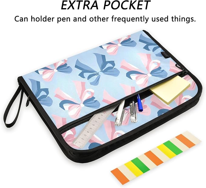 Expanding File Folder Pink Bow Blue Pattern Accordion File Organizer 13 Pockets Document Organizer with Zipper Labels A4 Letter Office Storage