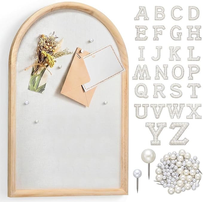 Arch Bulletin Board with Pin Linen Wedding Display Framed Decorative 24x16 Hanging Wood Vision Cork Board for Office Wall School Home Decor, 70 Pearl Studs, 26 Letter Stickers(Natural)