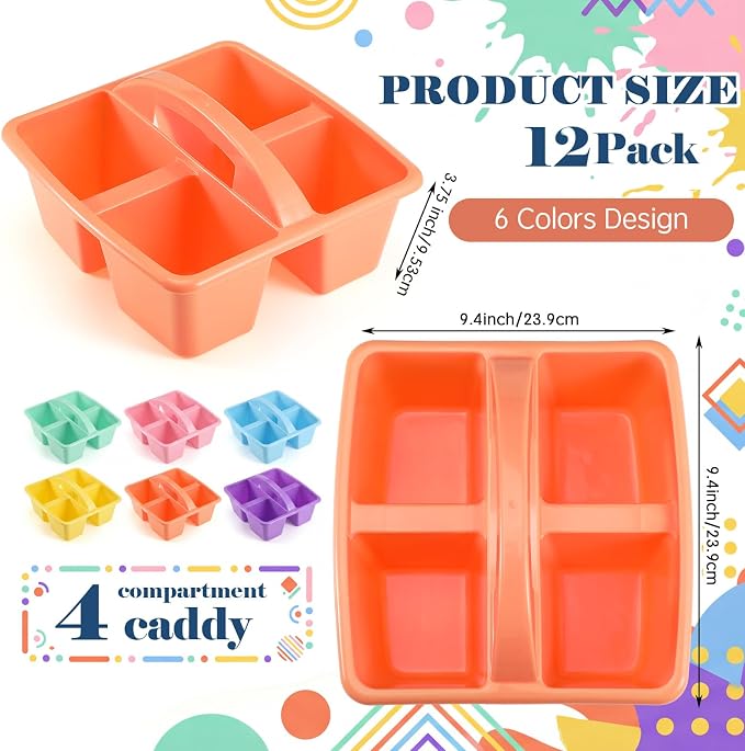 Lineshading 12 Pack Plastic Classroom Caddy - 4 Compartment Organizer Boho Color Table Caddy with Handles for School Home Office Supplies (Yellow,Green,Blue,Pink,Red,Orange)