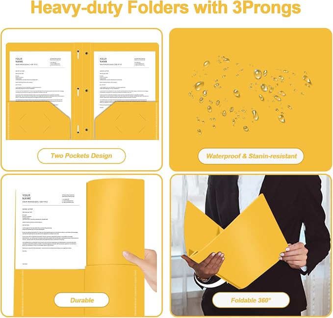 Two Pocket Folders with Prongs, LAYZZ 60 Pack Poly Plastic Folders, Heavy Duty Plastic Folders with Pockets and Prongs, Letter Size, for Offices and Schools (Yellow)