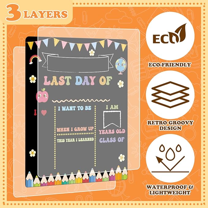 AmazingSpark First and Last Day of School Sign Board Double Sided 1st Back to School Supplies 10"x12" for Kids Preschool Kindergarten Chalk Board, Cute Crayon Retro Groovy Photo Reusable(Vintage)