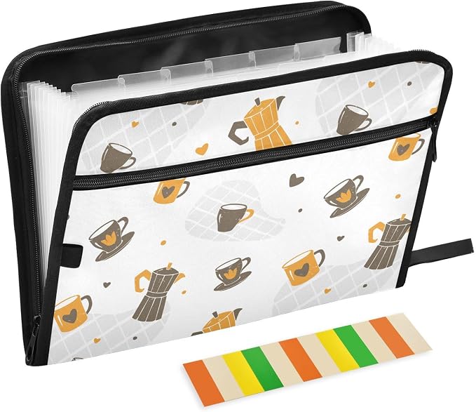 Cute Coffee Cups File Folders,Plastic Folders with 13 Pockets,Expandable File Folder for Documents School Students Office,Aesthetic Folder with Labels A4 Letter Size