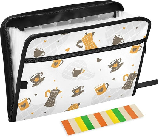 Cute Coffee Cups File Folders,Plastic Folders with 13 Pockets,Expandable File Folder for Documents School Students Office,Aesthetic Folder with Labels A4 Letter Size