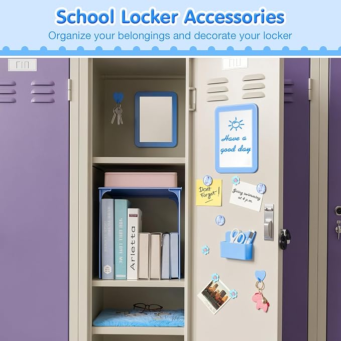 MoKo 17PCS Locker Accessories for Girls, Cute Locker Accessories Kit with Mesh Shelf, Magnetic Dry Erase Board, Mirror, Marker Holder, Marker, Plush Rug, Magnets, Lockers Decor for School/Work, Blue