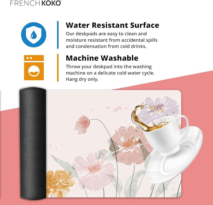French KOKO Desk Mat, Large Desk Pad Large Mouse Pad Cute Big Desk Pad XXL Extended Gaming Mouse Pad for Desk Rubber Base Mousepad Mat for Work Game Girls (Soft Flowers, 36" x 16.5")