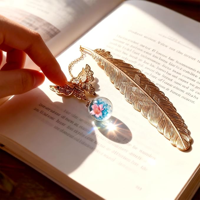 Teacher Retirement Gifts - Metal Feather Bookmark with 3D Butterfly & Real Dried Flower Pendant - Bookmark for Women & Book Lovers Under 10 Dollars - Gift Box Included