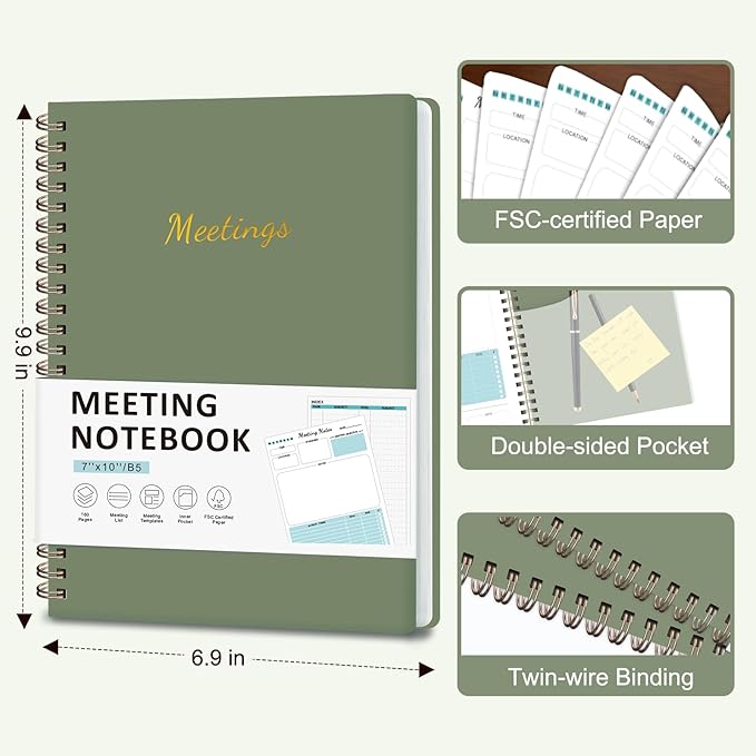Meeting Notebook for Work Organization, Work Planner Notebook with Action Items, Project Agenda Planner for Note Taking, 160 Pages (6.9" X 9.9"), Perfect Office School Business Supplies for Women & Men(Green)