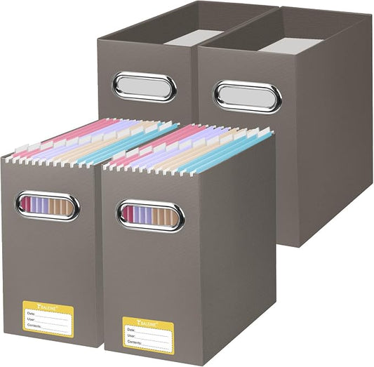 BALEINE File Organizer Box, Cardboard File Folder Organizer with Handle for Letter Size, Portable Collapsible Hanging Filing Box for Home Office Document Storage (4 Pack, Brown)