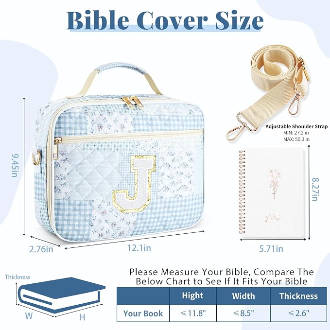 Personalized Initial Bible Cover Case for Women, Large Quilted Bible Bag with Durable Handle, Stylish Church Bag Journaling Kit with Study Supplies Accessories, Christians Gifts for Women (Spliced-J)