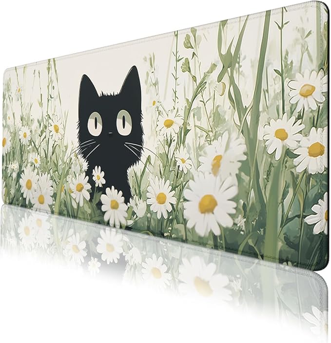 Cute Black Cat Desk Mat Gaming Mouse Pad Watercolor Daisy Kitty Extended Gaming Mousepad Mat with Stitched Edge Non-Slip Base Big Mousepad Office Computer Keyboard Laptop Home 31.5"x11.8"