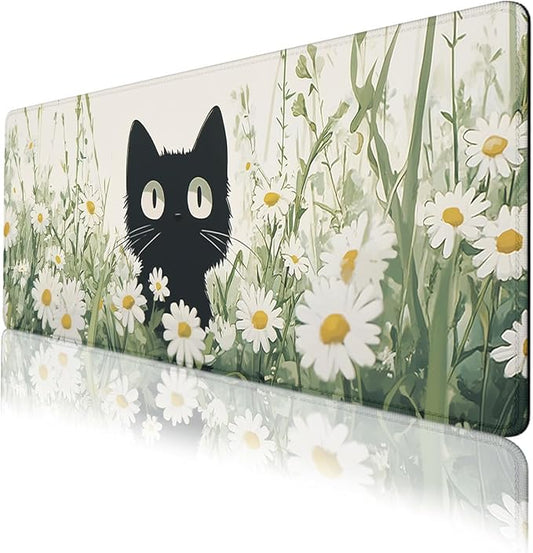Cute Black Cat Desk Mat Gaming Mouse Pad Watercolor Daisy Kitty Extended Gaming Mousepad Mat with Stitched Edge Non-Slip Base Big Mousepad Office Computer Keyboard Laptop Home 31.5"x11.8"