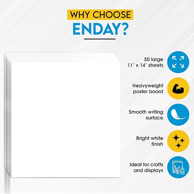 Enday White Poster Board, 11"x14" Heavyweight Poster Board Bulk (50 Pack) Thick White for School Supplies, Presentations, Display Board, Poster Paper Crafts