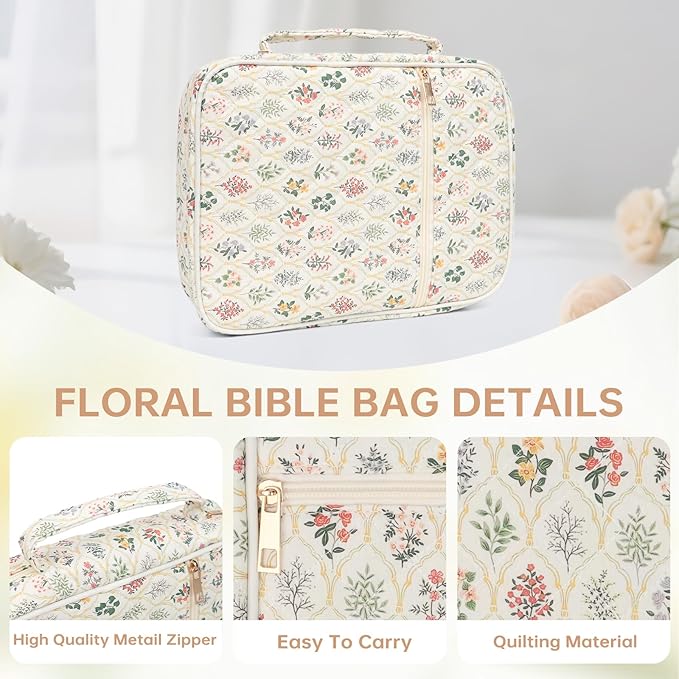 Bible Cover Case for Women Large Bible Cover with Durable Handle Quilted Bible Carrying Case for Girls Bible Study Supplies Accessories (Wildflower Meadow, Wildflower Meadow)