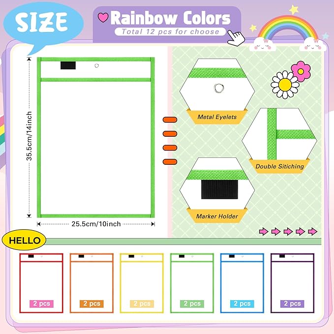 24 Pcs Dry Erase Pocket Reusable Sleeves 10" x 14" Clear Plastic Sheet Protectors with Markers and Mini Dry Erasers for Paper(Rainbow)