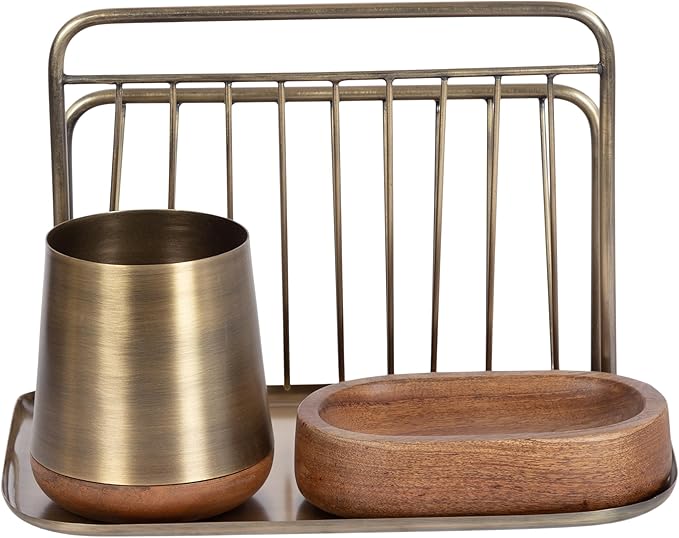 Kate and Laurel Koni Modern Three-Piece Home Office Organization Set; 13 x 8 x 9; Walnut Brown and Antique Brass; Wood and Metal Organizational Set for Office with File Folder Holder