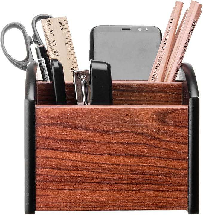 Revolving Wooden Desk Organizer 4 Compartment Remote Control Holder Brown Black Spinning Office Supplies Caddy Tabletop Storage Desktop Rotating Stationery Accessory Sorter Home
