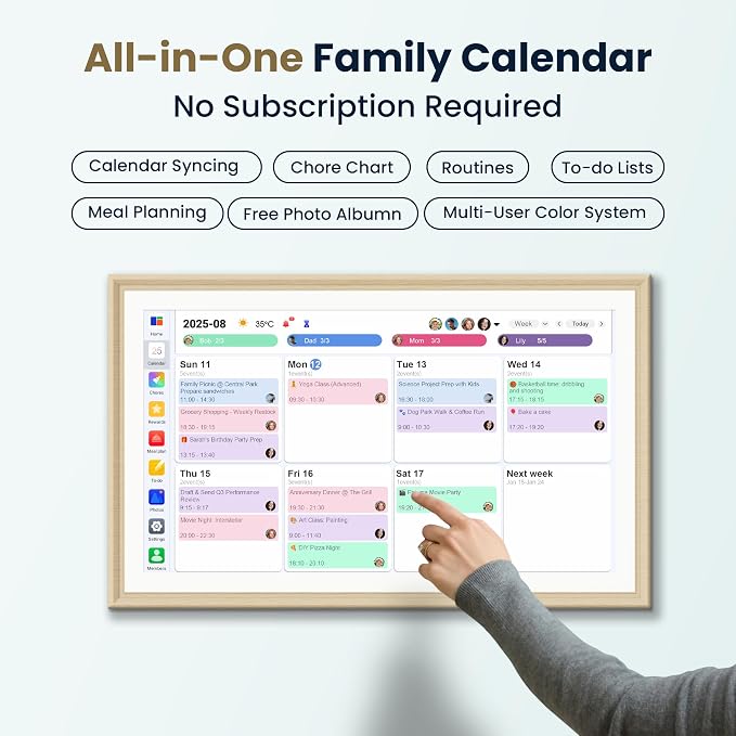 15.6-Inch Smart Digital Calendar & Photo Frame for Family, Wall Planner with Light Wood Frame, Auto-Sync to Apple, Google & Outlook, Touchscreen Display with Chore Chart, To-Do Lists & Meal Planner, No Subscription