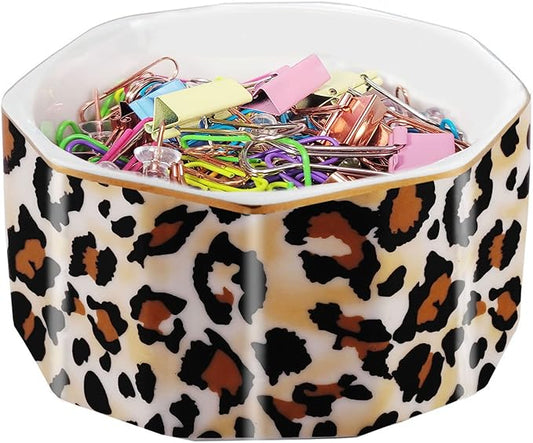 Ceramic Paper Clip Holder Gold Line Paper Clip Dispenser Organizer for Desk Cute Leopard Office Binder Clip Holder Bobby Pin and Hair Clip Holder Gift for Office Brown