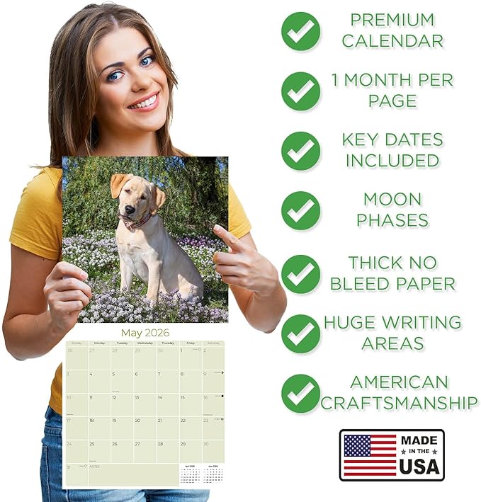 Labrador Pups Yellow Calendar 2026 by MegaCalendars – Monthly Dog Breed Wall Calendar, Made in USA