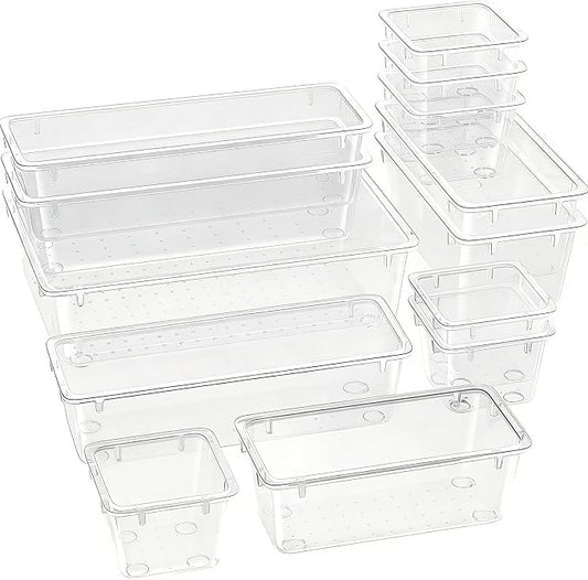 Clear Acrylic Drawer Organizer Trays, 5 Size Junk Box Organization Small Storage Container Bin for Desk Makeup Bathroom Vanity Kitchen Tool Make Up Workspace Home Dorm Apartment Office Room Nightstand