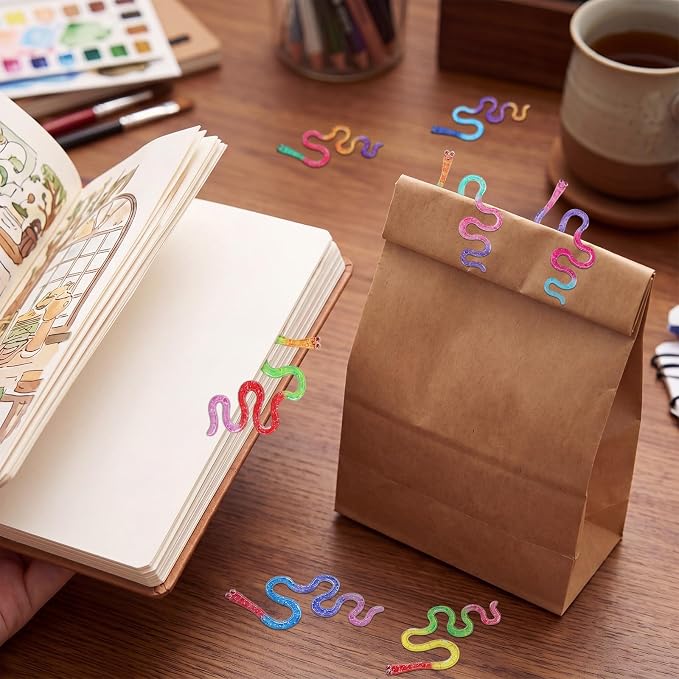 Resurhang 20 Pcs Worm Acrylic Bookmark 10 Design Cute Paperclip Glitter Gummy Worm Funny Bookmark Gift Idea for Reading Book Lover Teacher Student School Classroom Office Library Read Supply (Novelty)