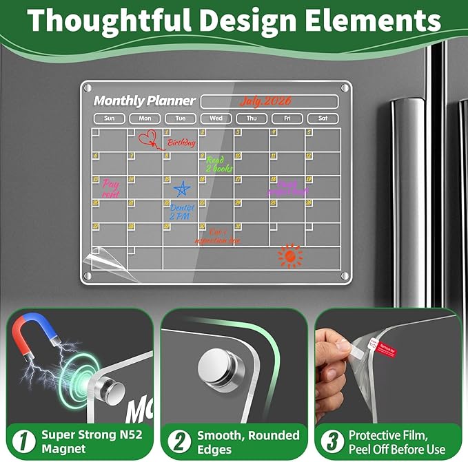 FINDMAG Acrylic Magnetic Dry Erase Board Refrigerator Calendar, 16"x12" Calendar Whiteboard for Wall, Set of 3 Transparent Magnetic Dry Erase Board for Monthly Weekly Daily Menu Planner Whiteboard