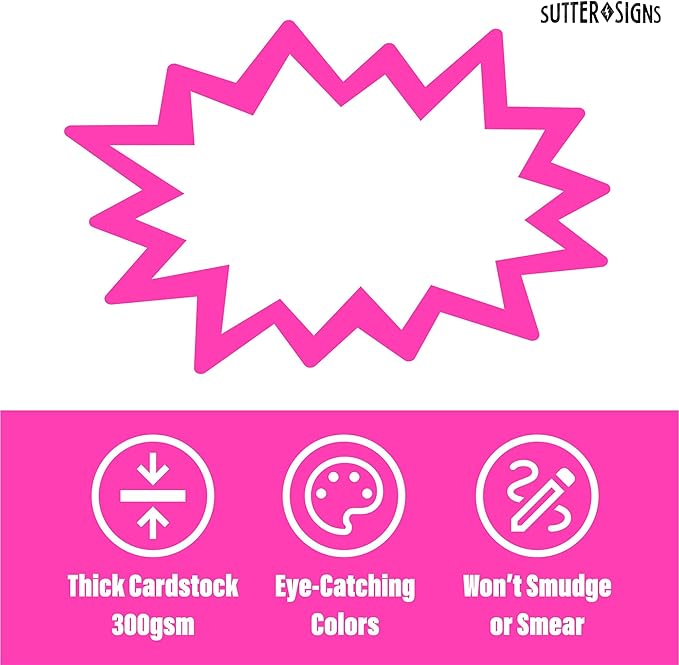 Starburst Signs with Stickers 100pcs | Price Tags for Yard, Estate, Garage Sale, Retail Store. 50pcs Cards & 50pcs Sticker Dots. 6x8 inch (Neon)