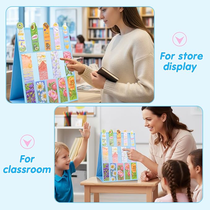 Faccito Bookmark Display Stand, Double Sided Portable Holder for Bookmarks, Blue Desktop Display Rack for Craft Fairs, Spring Markets, Vendor Booths