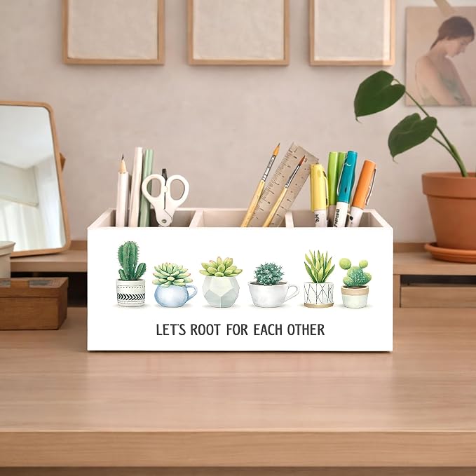 Succulent Desk Organizer Wooden Pen Pencil Holder for Desk, 3 Compartments Office Accessories, Let's Root for Each Other Plant Decor, Cute Succulent Gifts for Women Home Office Storage