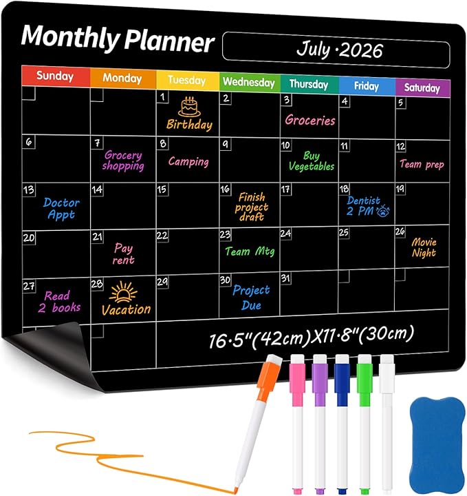 FINDMAG Magnetic Dry Erase Board, 16.5"x11.8" Magnetic Calendar for Planner 2026, Fridge White Board, Monthly Calendar for Fridge with 6 Markers & Eraser for Cleaning Schedule and Checklist
