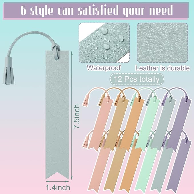 Panelee 12 Pcs Pastel Leather Bookmarks with Tassel Book Club Gifts Handmade Blanks Leather Bookmarks Stamping Book Lovers Gifts Bookish Bookworm Teachers Readers Back to School Supplies