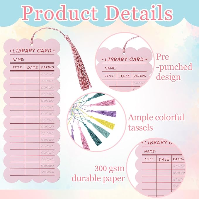 50 PCS Reading List Bookmarks Book Tracker with 50 Bookmark Tassels, 3 x 8 Inch Watercolor Library Card Reading Log Bookmark for Teachers Women Book Lovers