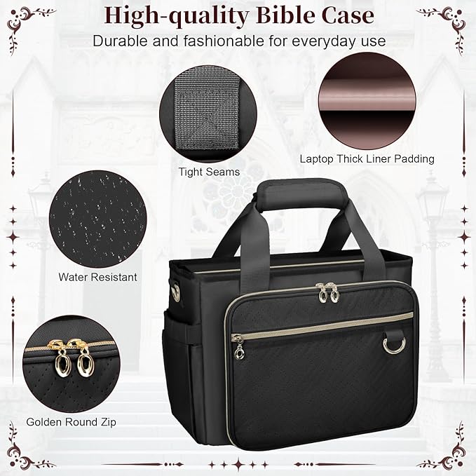 Large Bible Cover Case for Women, Bible Cover with Book Sleeve, Thick Padded Bible Case, Working Bible Tote Bag with Laptop and Bottle Pockets, Church Bag, Bible Bags for Women, Girl, Black