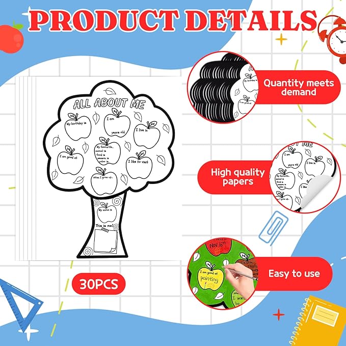 Zoyeven 45 Pcs Apple All About Me Coloring Poster Elementary School Supplies Back to School Ideas Project Chart Fill in Poster Craft Classroom Activities Supply