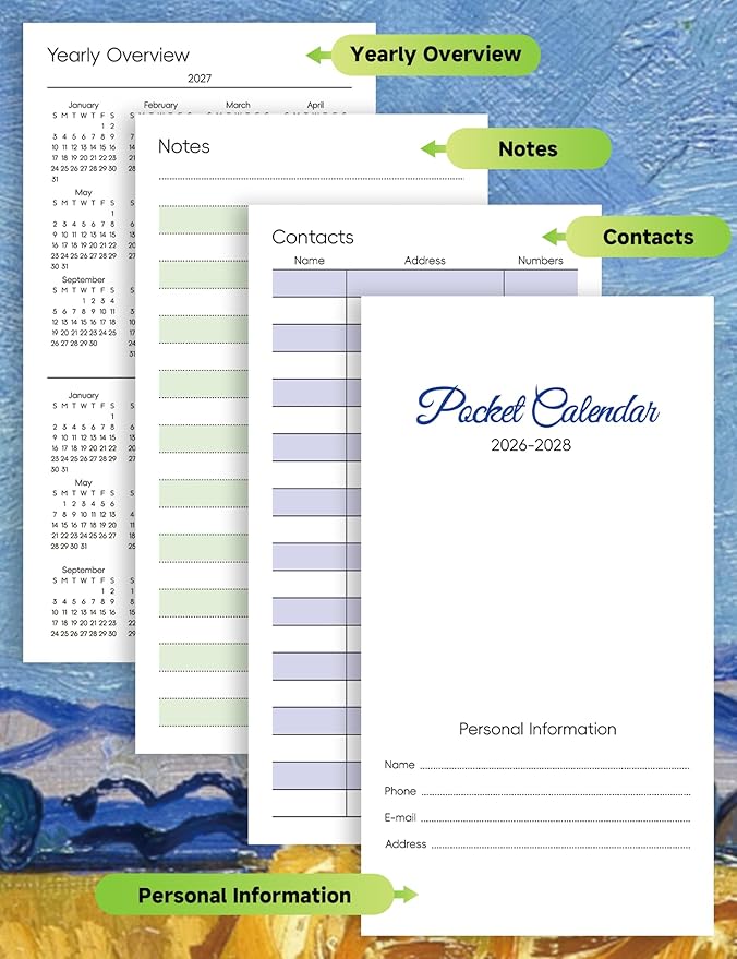 Pocket Calendar 2026-2028 Art Series, Monthly Planner Jan 2026 to Jul 2028 (3.7" x 6.7") Perfect Purse Calendar, Pocket Agenda with Protective Plastic Sleeve-Harvest