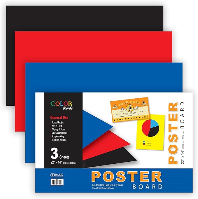 BAZIC Products Poster Board 22" X 14" Assorted Colored Poster Board Paper for School Craft Project Presentation (3/Pack), 1-Pack
