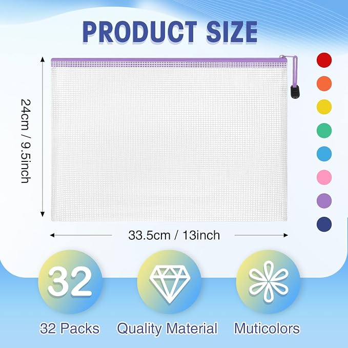 Jetec 32 Pcs Mesh Zipper Bags Toy Storage Bikini Organizer Bag Bolsas Para Guardar Trajes De Bano Waterproof Zipper Reusable Pouch Puzzle Multipurpose for Storage Office(Cute Color,13 x 9.5 Inch)
