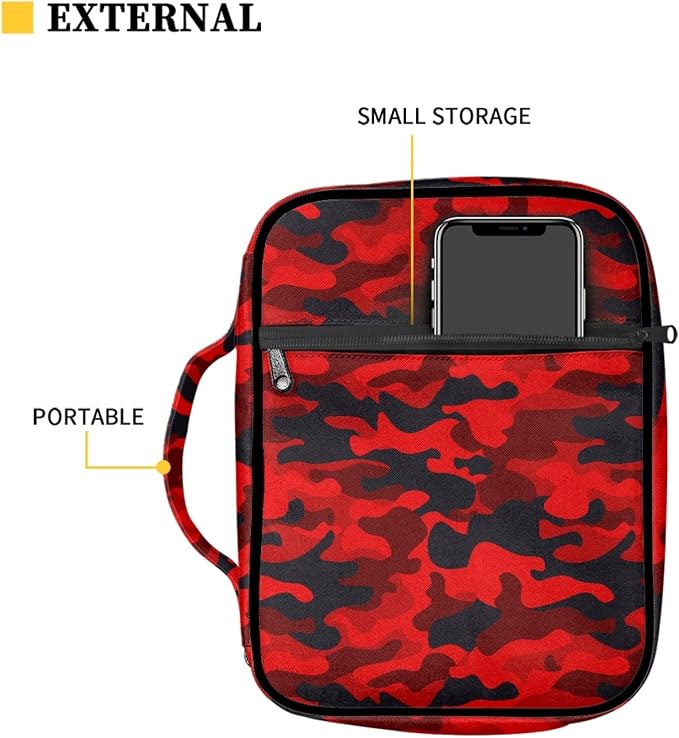 Coldinair Red Black Camo Print for Men Women Teens,Camouflage Carrying Book Case Church Bag Bible Protector with Handle and Zipper Pocket