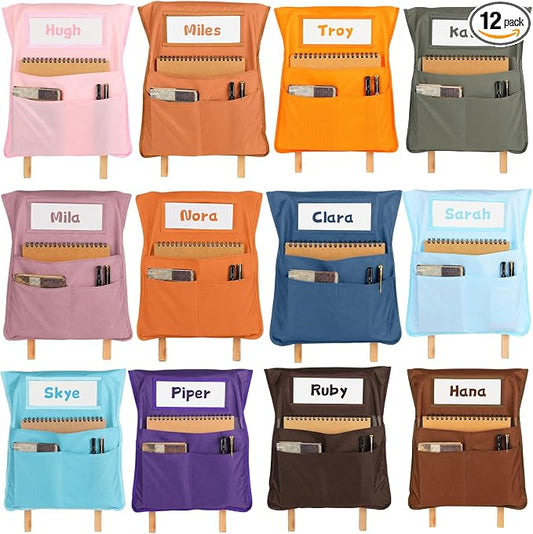 12pcs for Classroom 16.3x19.7inch Classroom Chair Pockets with Name Tag 3 Pockets Chair Organizer for Teacher Student School Office(Groovy)