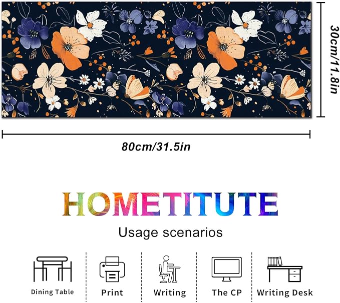 HOMETITUTE Large Mouse Pad 31.5 x 11.8 Inch Dark Floral Desk Mat Extended Keyboard Mousepad Non Slip Waterproof Desk Pad with Orange White Purple Flowers for Home Office Gaming