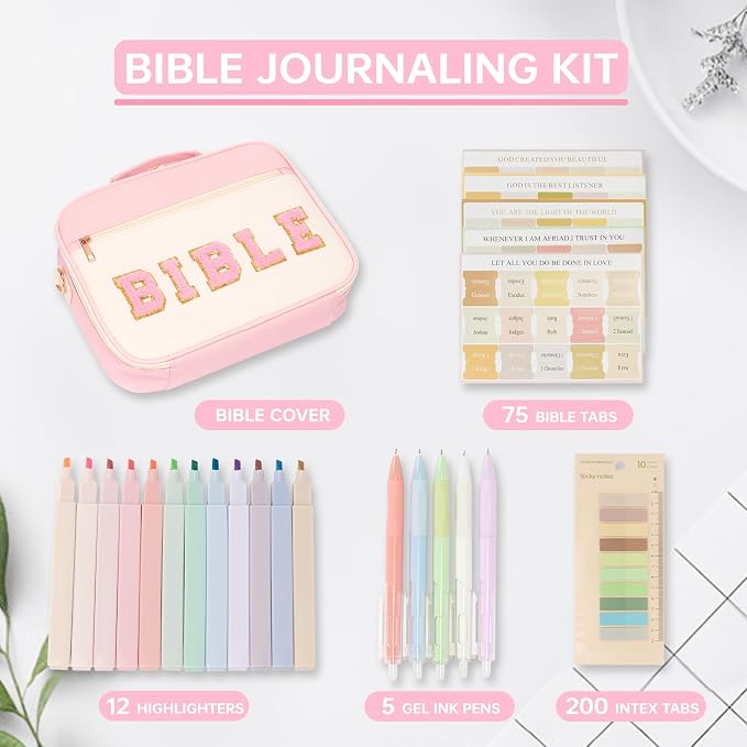 Bible Cover Case for Women Bible Study Supplies Large Preppy Chenille Pink Leather Bible Carrying Tote Bag Letter Bible Case Christmas Christian Gifts for Women Girls (Pink, Large)
