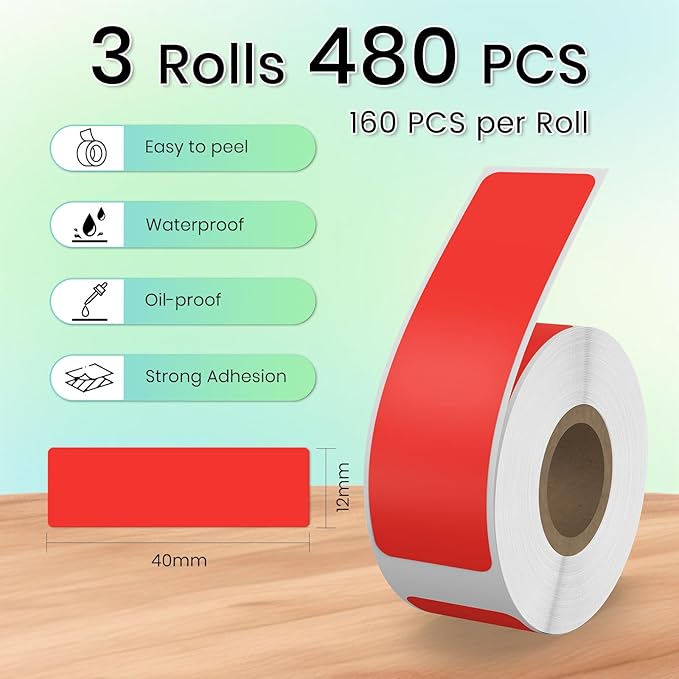 480 PCS D30 Label Maker Tape 0.47" × 1.57" (12 × 40 mm) Vinyl Waterproof Thermal Stickers Self-Adhesive Decals for Retail Office Home School Red