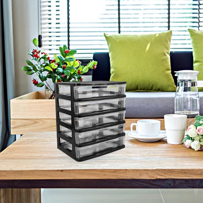 FOMIYES Plastic Drawers Organizer with Multi-layer Drawers, Space-saving Desk Storage Bins for Cosmetics and Office Supplies, Black Plastic Desktop Organizer for Office and Bedroom