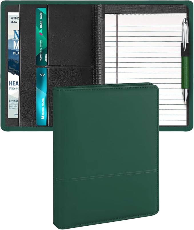 Padfolio Binder A5 Document Organizer with Refillable Lined Notepad, Junior Size Folder Portfolio for Men Women,Dark Green.