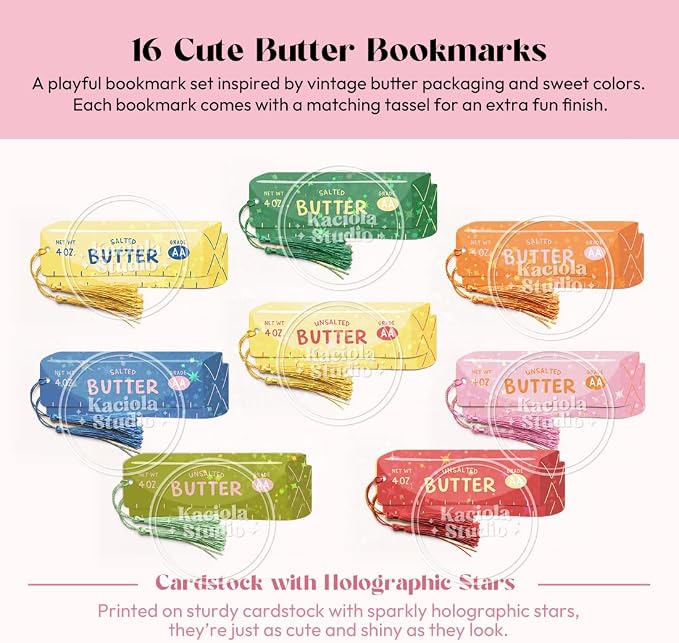 KACIOLA STUDIO 16PCS Salted Butter Stick Glitter Bookmarks, Funny Bookmarks for Women, Double Sided Bookmark Bulk Booklover Gifts, Book Accessories for Reading Bookclub Party Favors