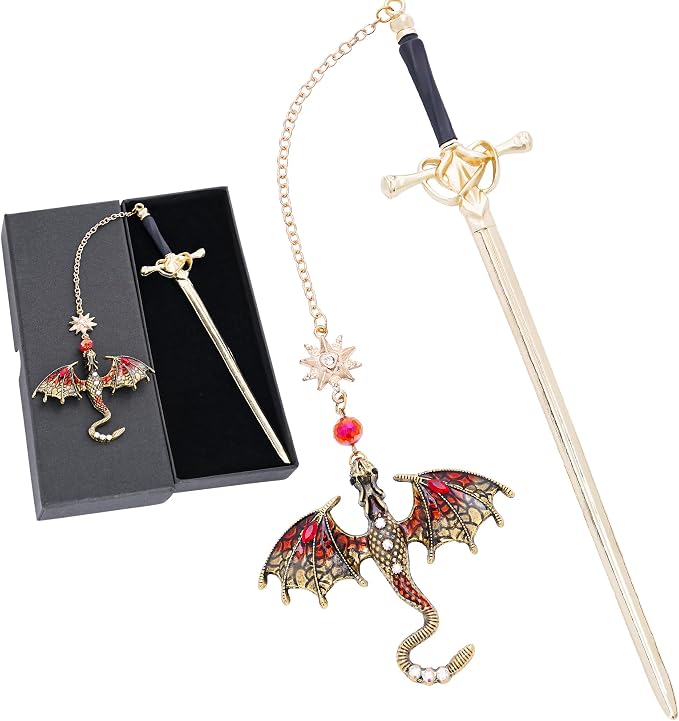 Sward Fourth Wing Bookmark - Fantasy Dragon Book Mark Vintage Tassel Metal Pendant Antique Gold Red Bookmarks Page Accessories Reading Lovers Club Gift Men Boys Students Bookish Readers