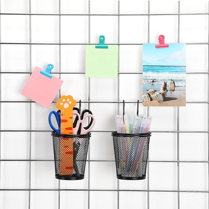 6 Sets Grid Wall Cups with Ring Hooks, hanging pencil holder Wall Mount Wire Grid Panel Pen Holder Organizer gridwall Accessories for Office Home Garage